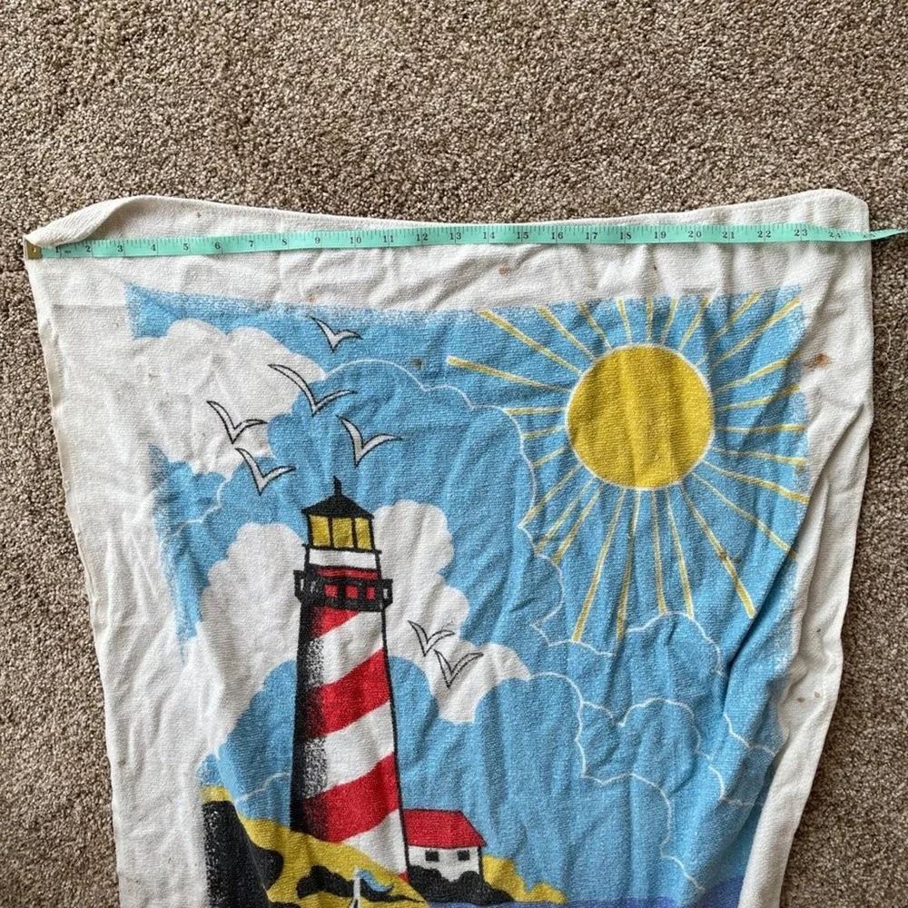 Vintage Beach Scene Towel Terry Cloth Lighthouse Seagulls Sailboat 46x25 Stains